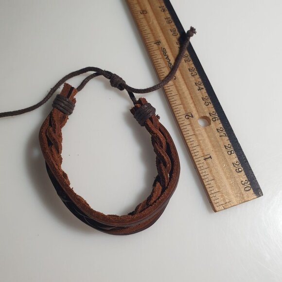Braided Leather Adjustable Bracelet Brown Twist Cord Unisex Rustic Cuff Handmade - Picture 4 of 5